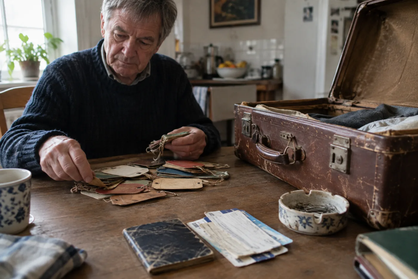 Man sorting luggage tags and an old passport beside an open suitcase
