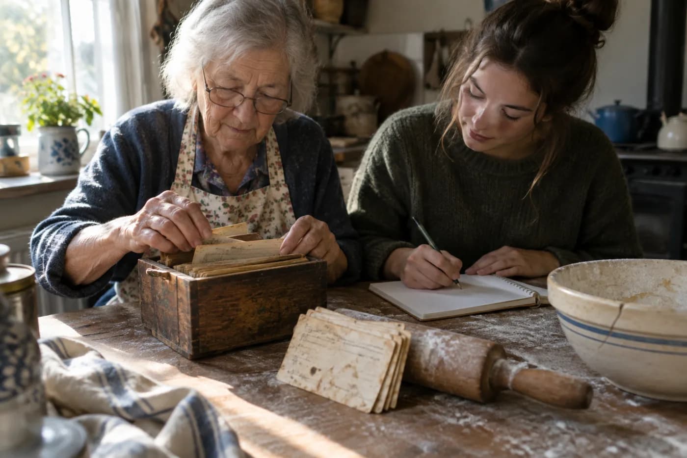 Grandmother flipping through a recipe box while her granddaughter copies a card