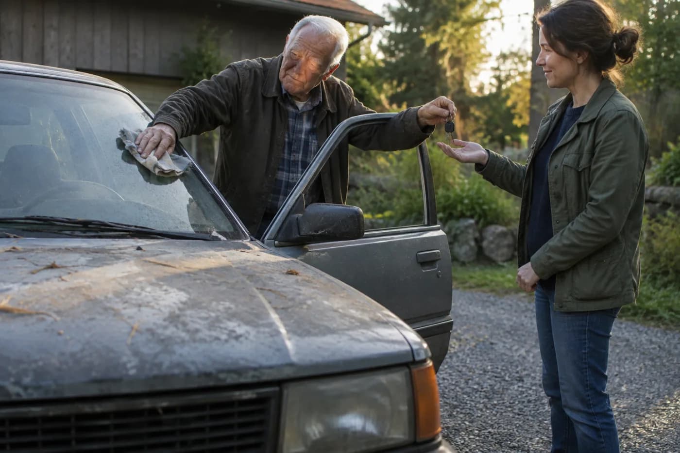 Elderly man handing his car keys to his daughter in a gravel driveway