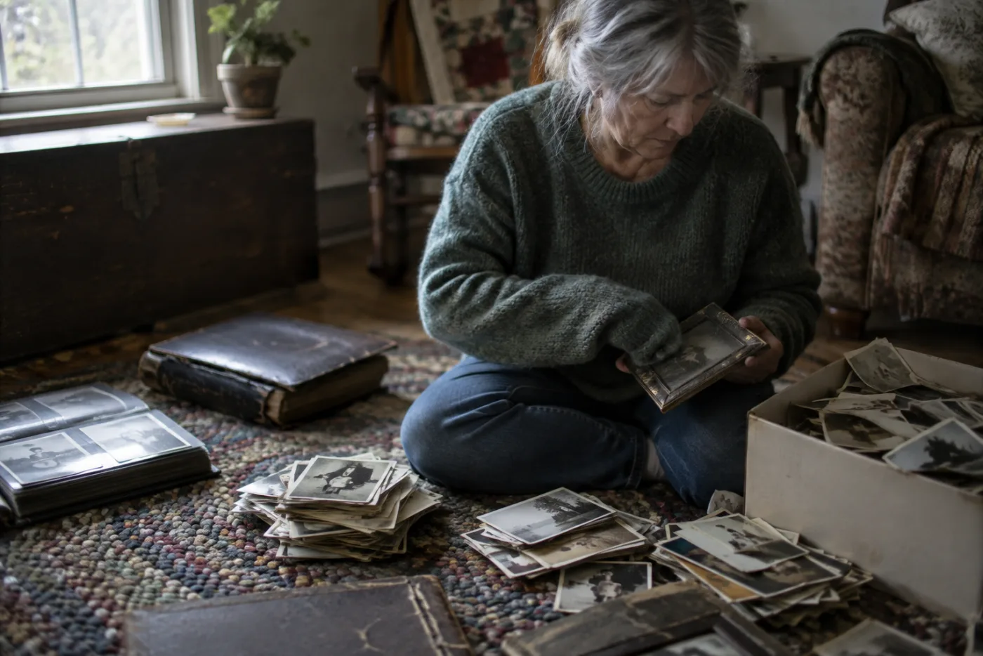 Woman sorting old photographs into stacks on a rug beside open albums