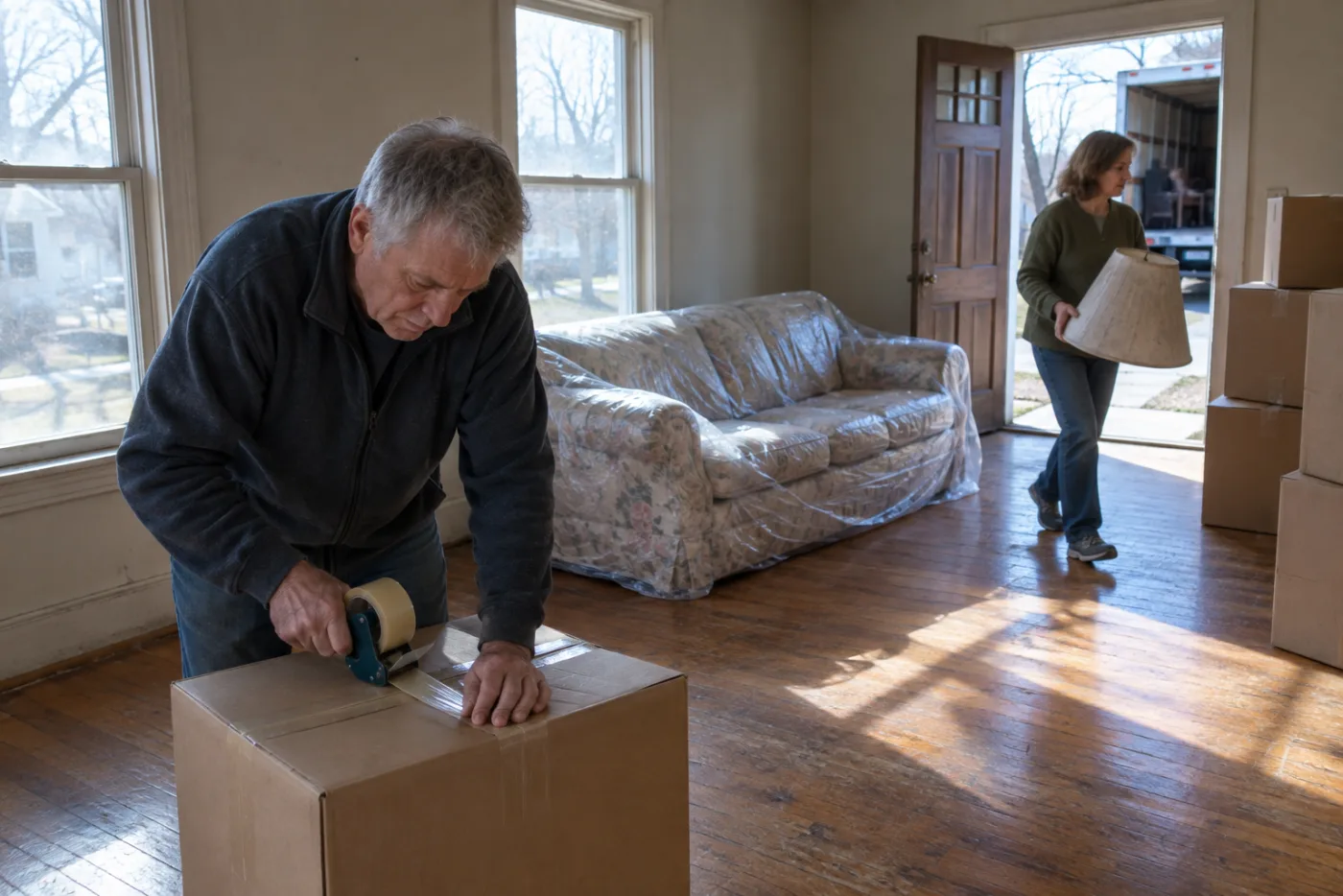 Siblings packing boxes in an empty living room of their childhood home