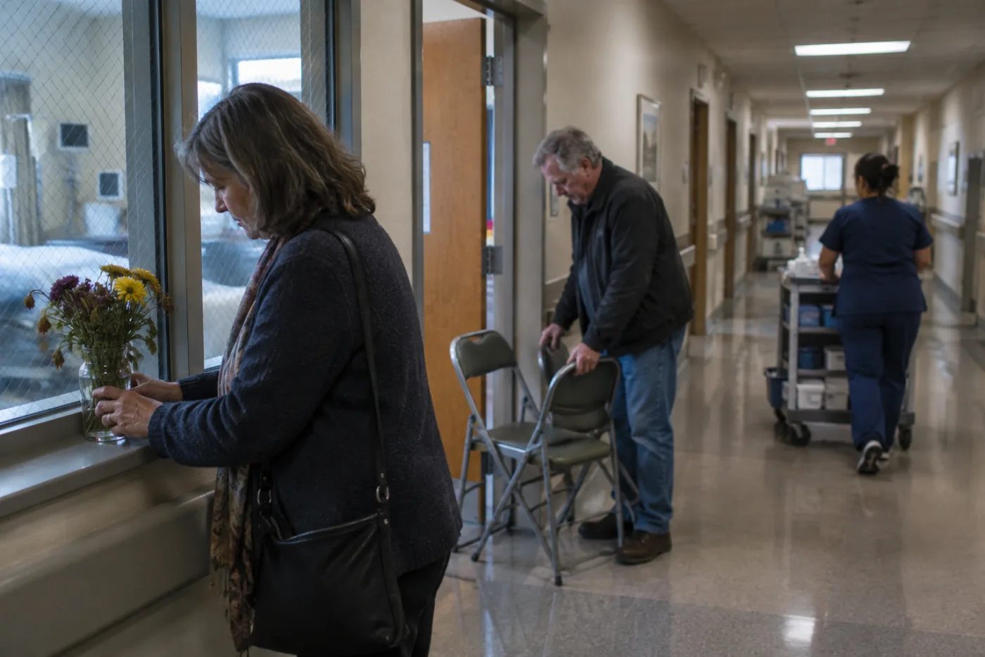 Siblings setting up chairs outside a hospital room as a nurse passes by