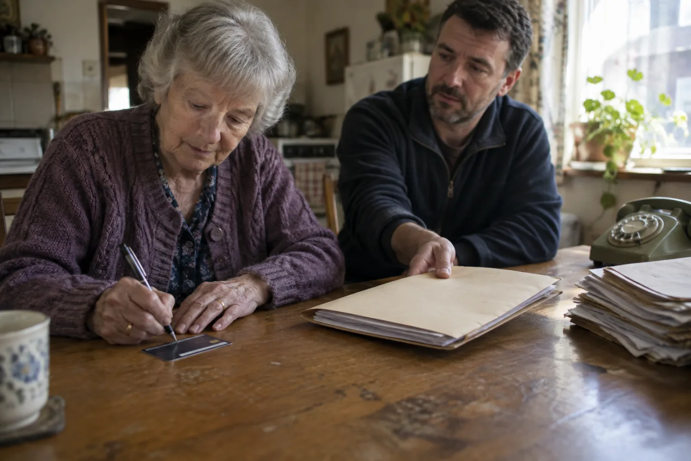 Elderly woman signing a bank card at a kitchen table with her son