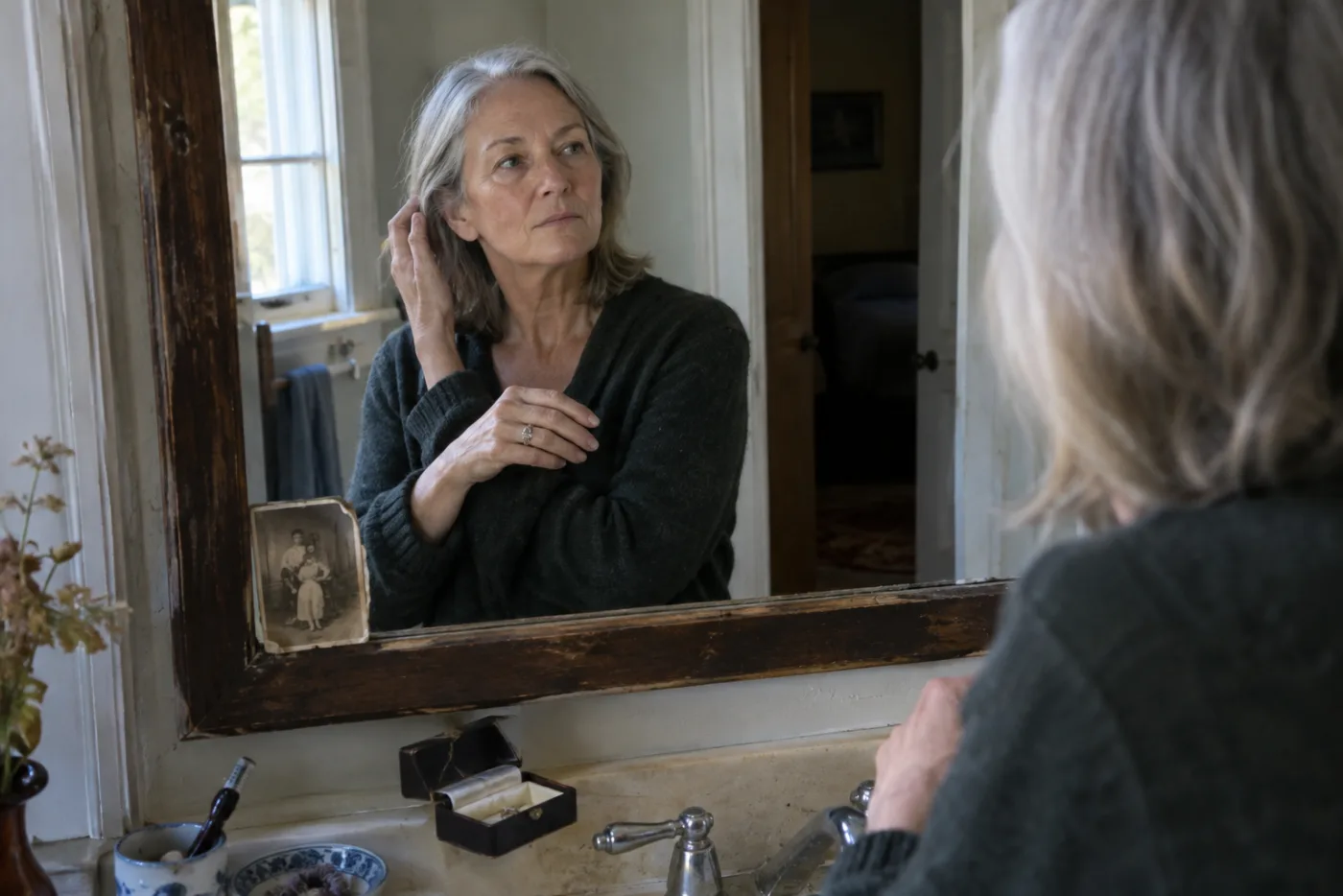 Woman sliding a new ring onto her finger while looking in a bathroom mirror