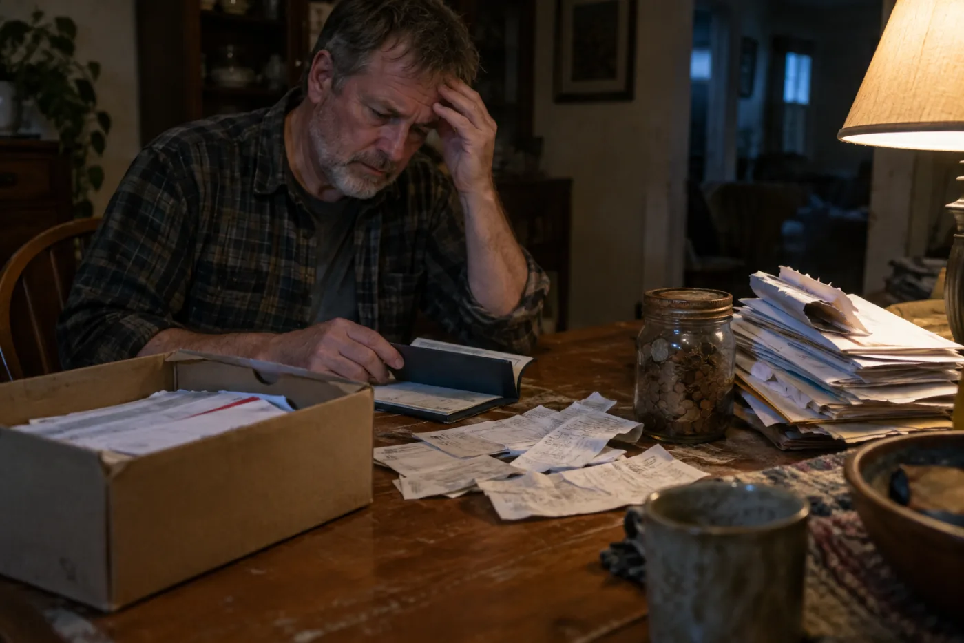 Man stacking overdue bills into a shoebox at a cluttered dining table