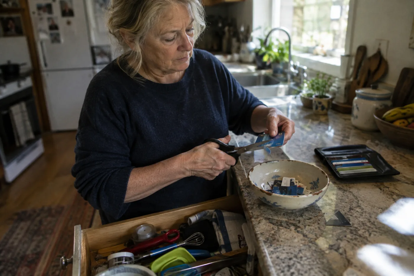 Woman cutting up expired membership cards at a kitchen counter