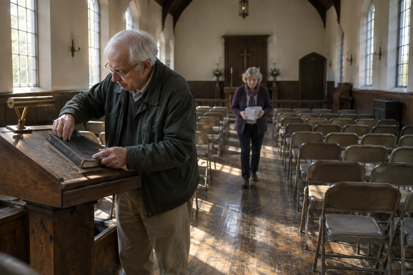 Man arranging folding chairs in an empty chapel before a funeral service