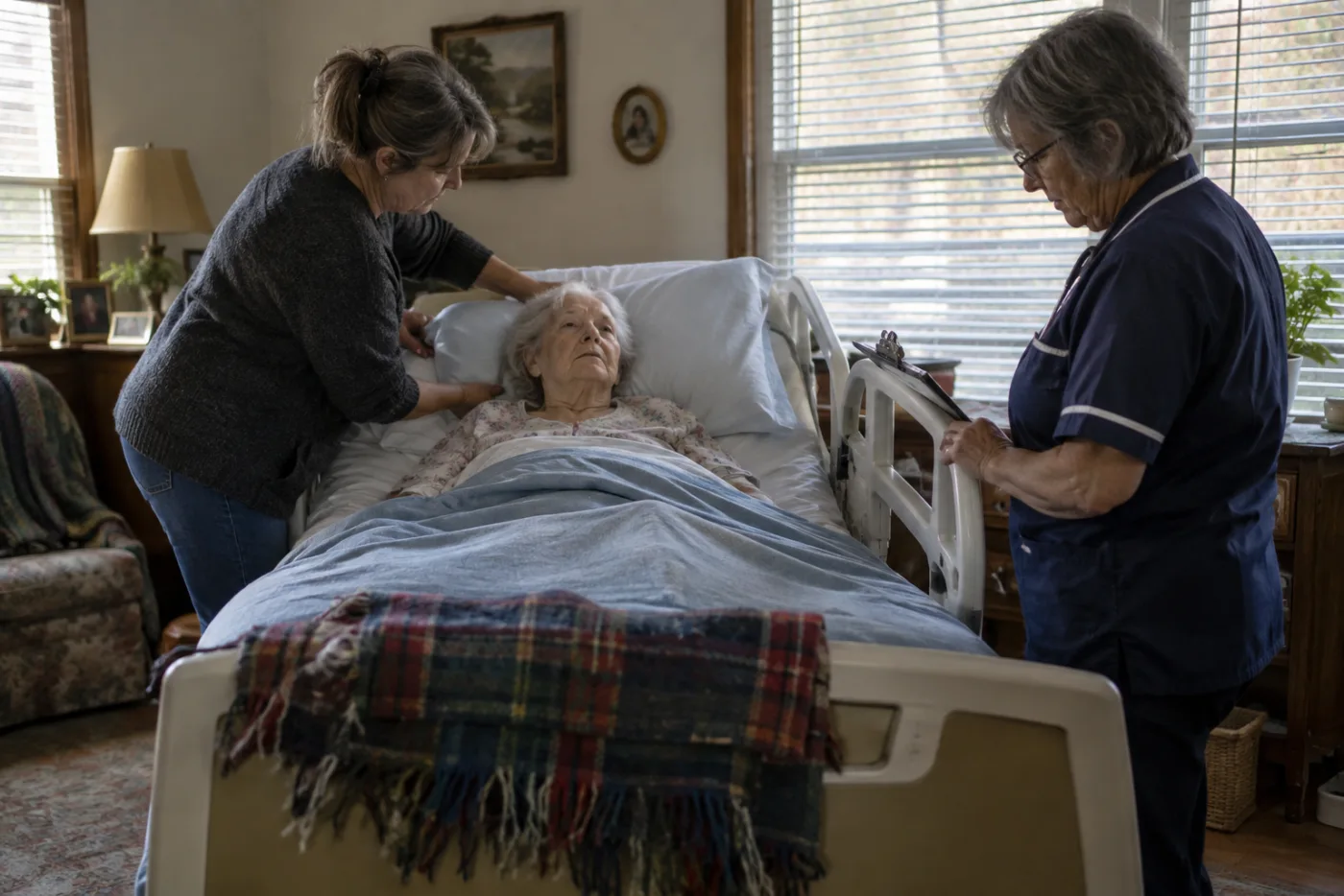 Woman adjusting her mother's pillow on a hospital bed set up at home