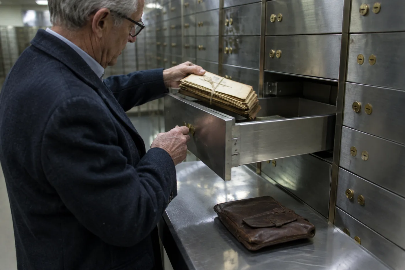 Man opening a safe deposit box and lifting out a bundle of old documents