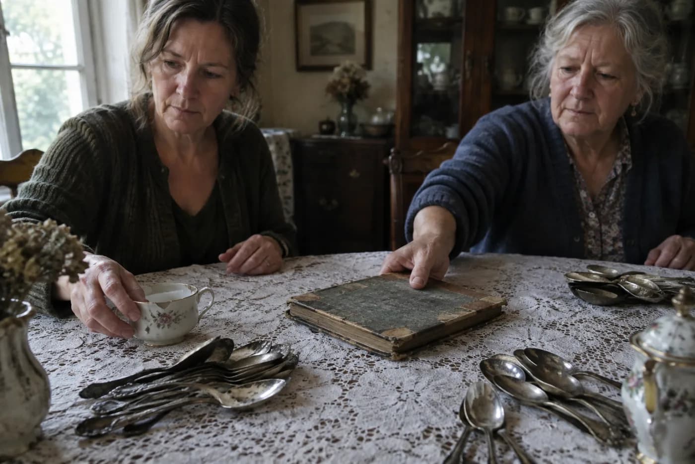 Two sisters dividing tarnished silver spoons into piles on a lace tablecloth