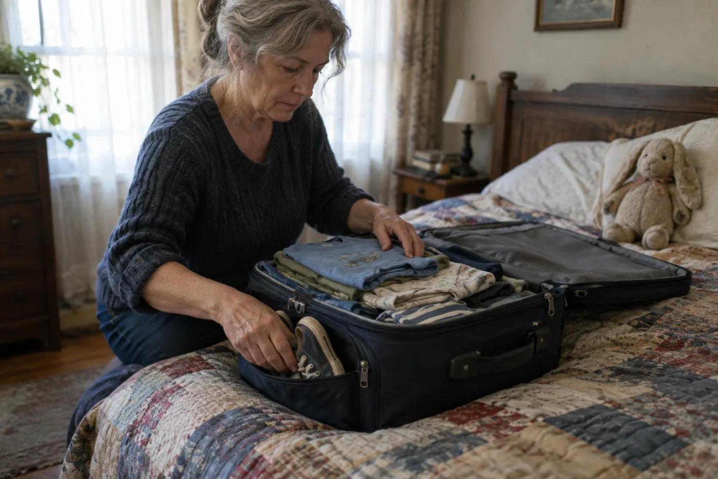 Woman packing a child's suitcase with clothes and a stuffed rabbit on the bed