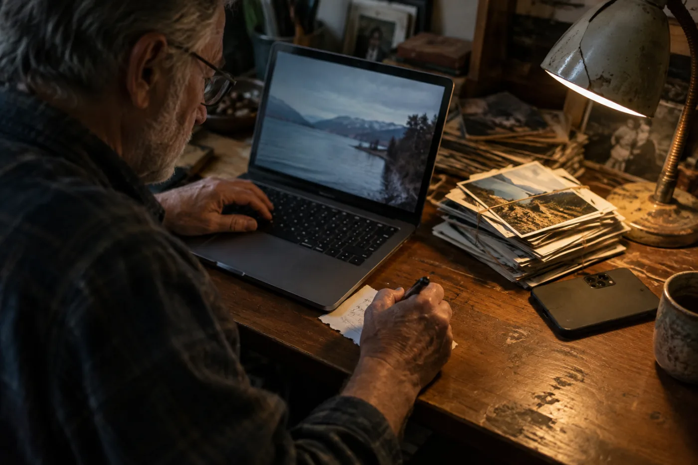 Man typing at a laptop with old photographs and a phone on the desk