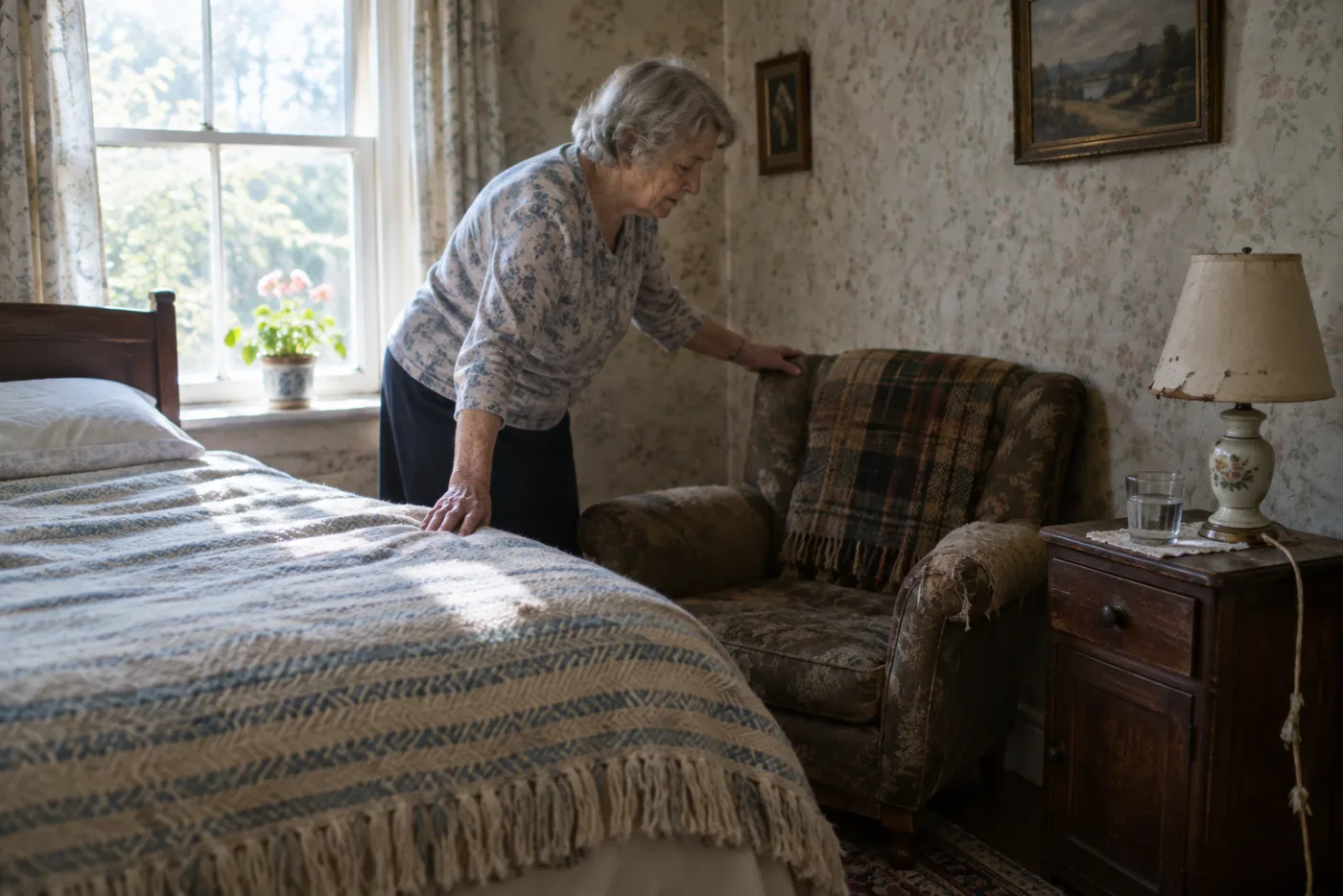 Woman smoothing a blanket over a bed near a sunlit bedroom window