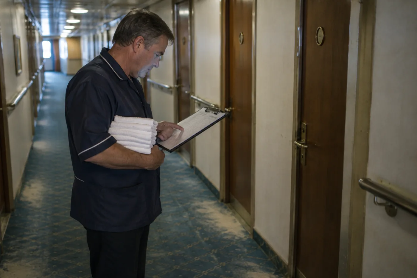 Steward checks a clipboard list against numbered cabin doors in a ship corridor.