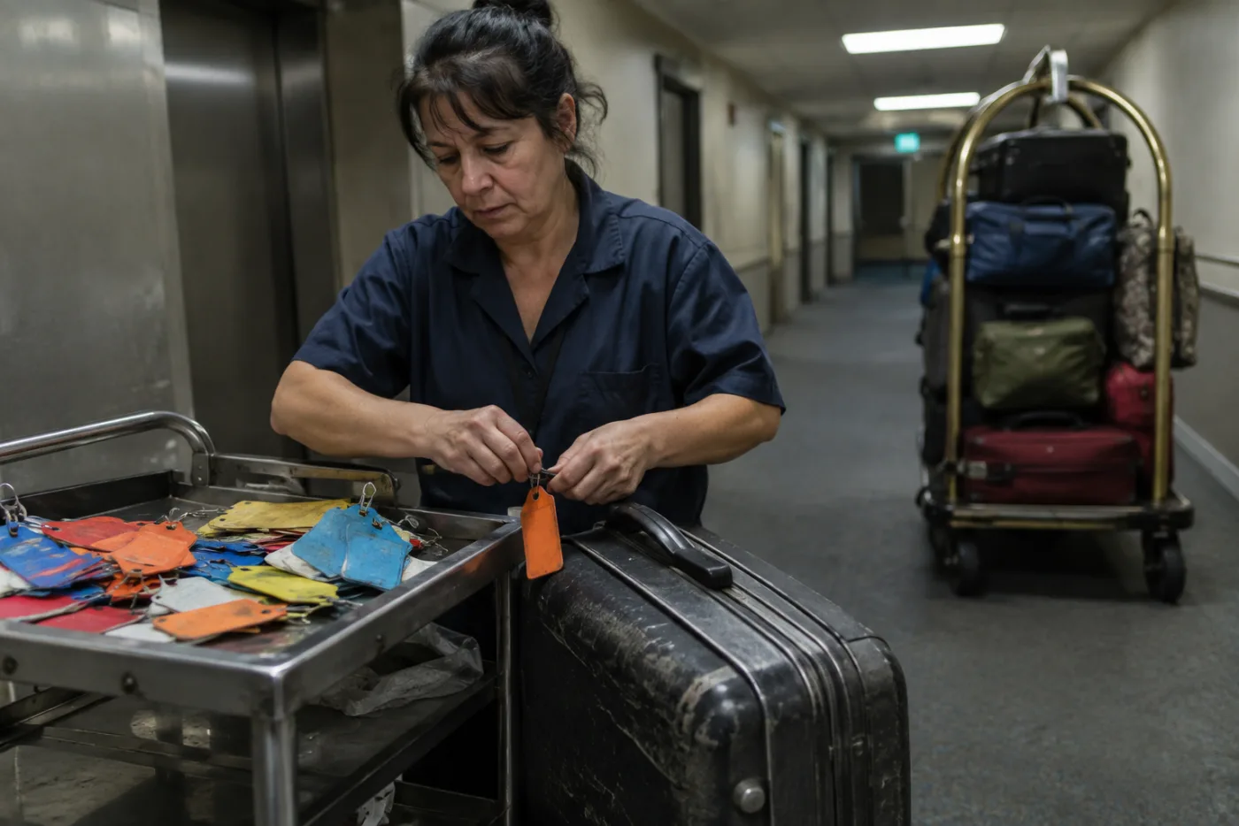 Woman sorts colored luggage tags on a trolley beside scuffed suitcases.