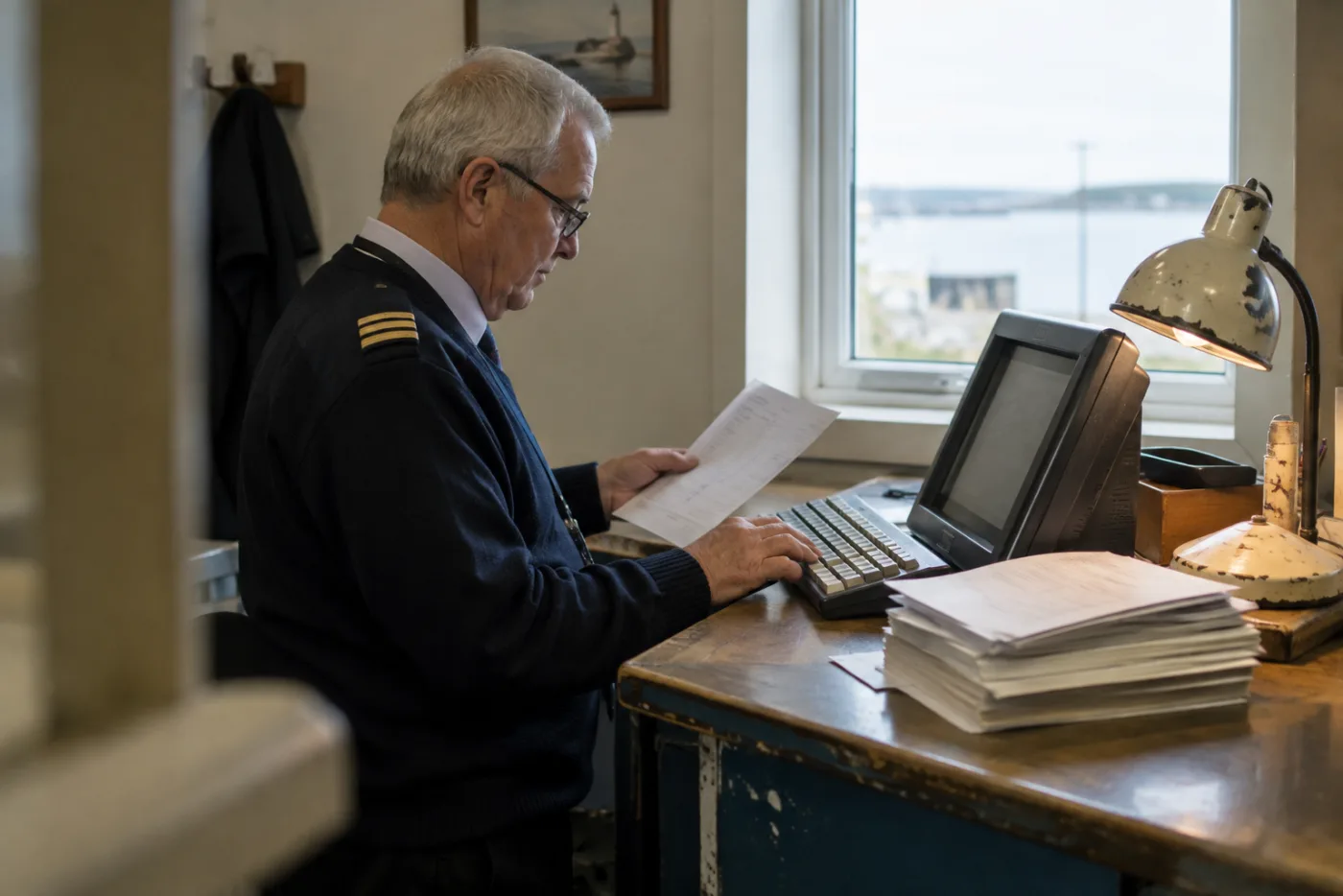 Steward taps keys at a guest services desk reviewing an account folio.