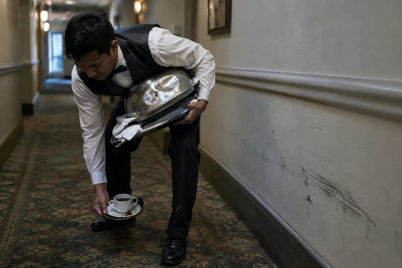 Steward lifts a dented room service tray left on a hallway carpet.