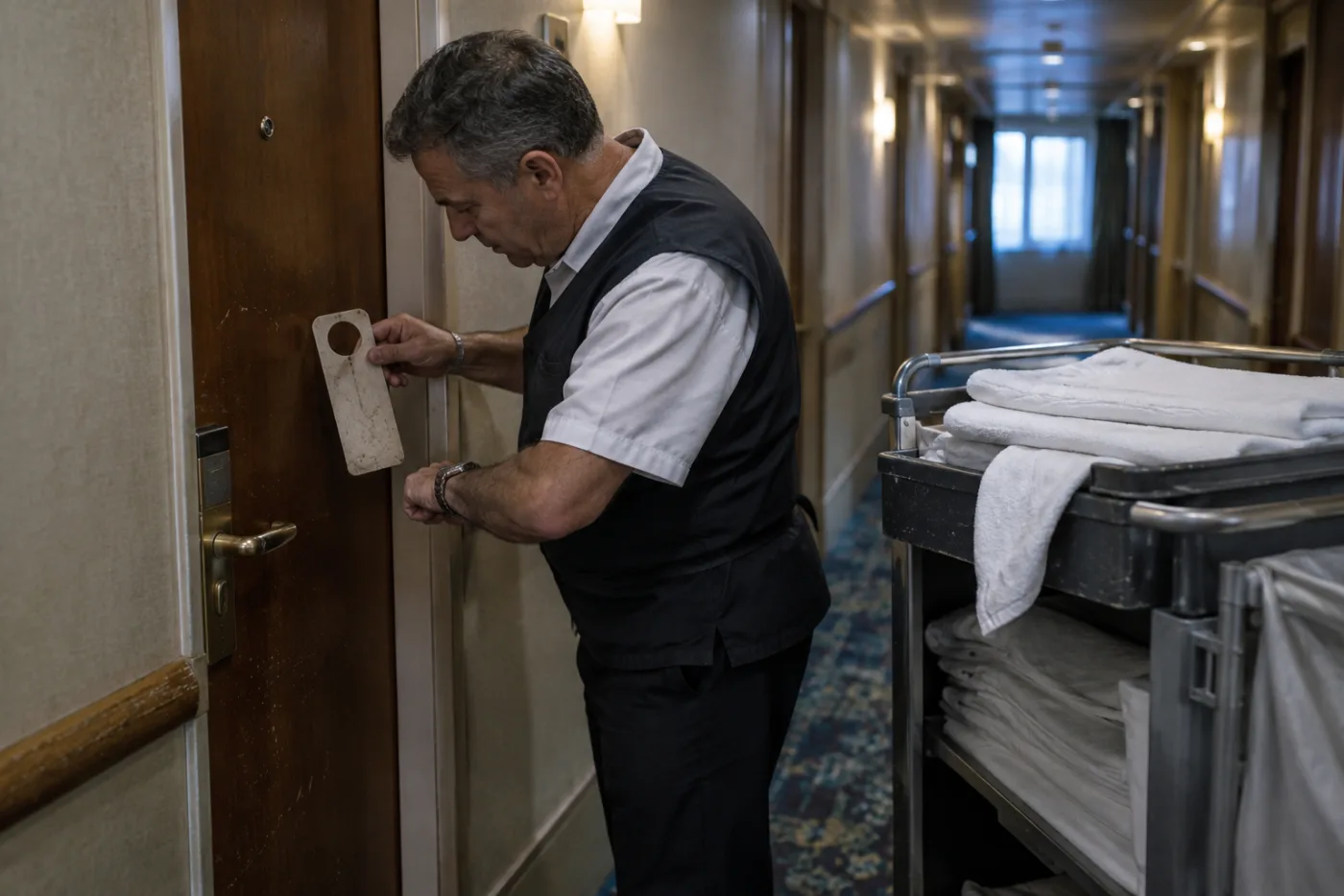 Steward checks a worn do-not-disturb hanger on a cabin door, watch in hand.