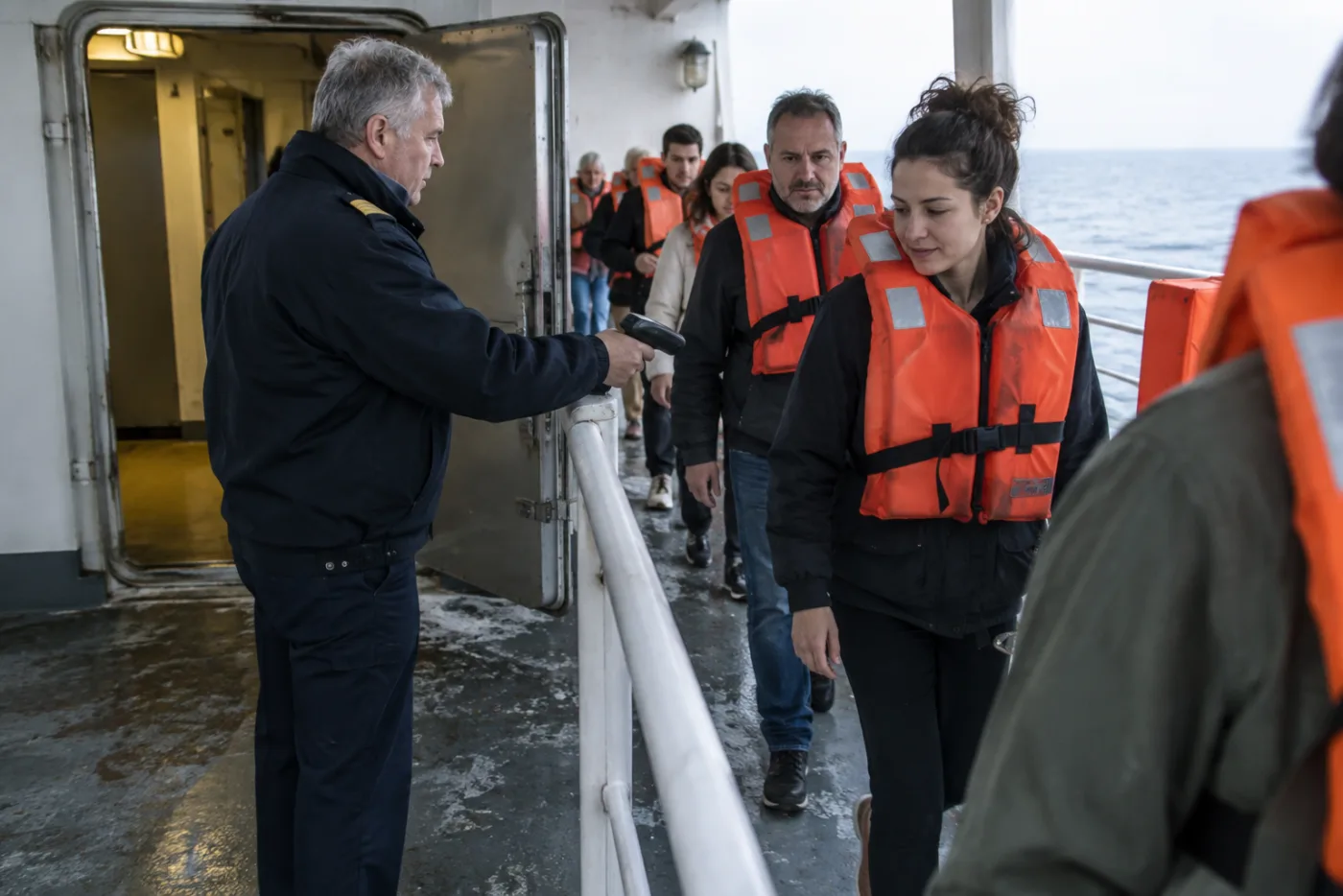 Crew member scans passengers filing past at a muster station on deck.