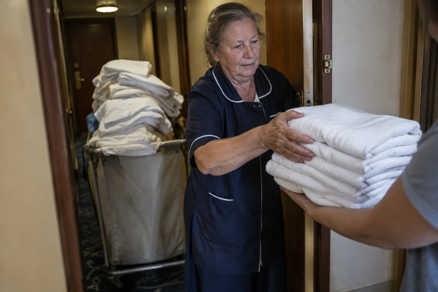 Steward hands folded towels to a guest at a cabin doorway.