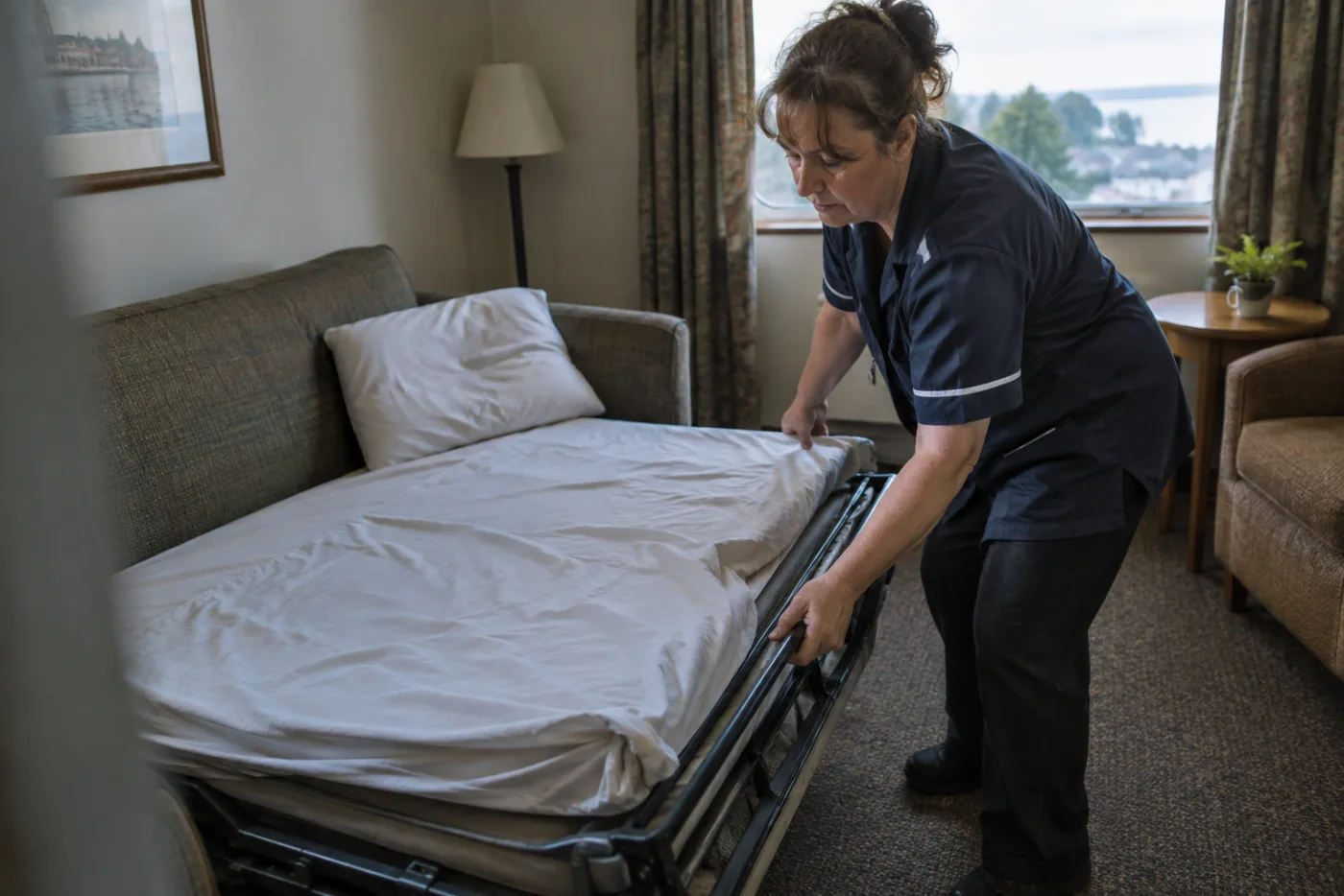Steward folds a pull-out sofa bed, smoothing a wrinkled sheet.