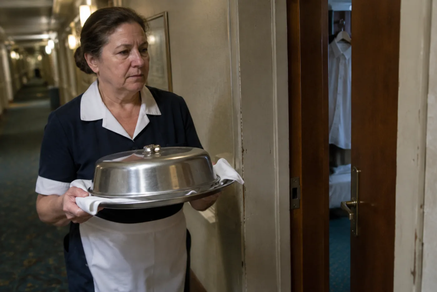 Steward carries a covered tray past a cabin with formal shirt visible inside.