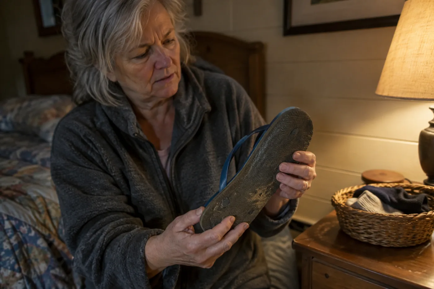 Steward holds a lost flip-flop found under a cabin bed near a basket.