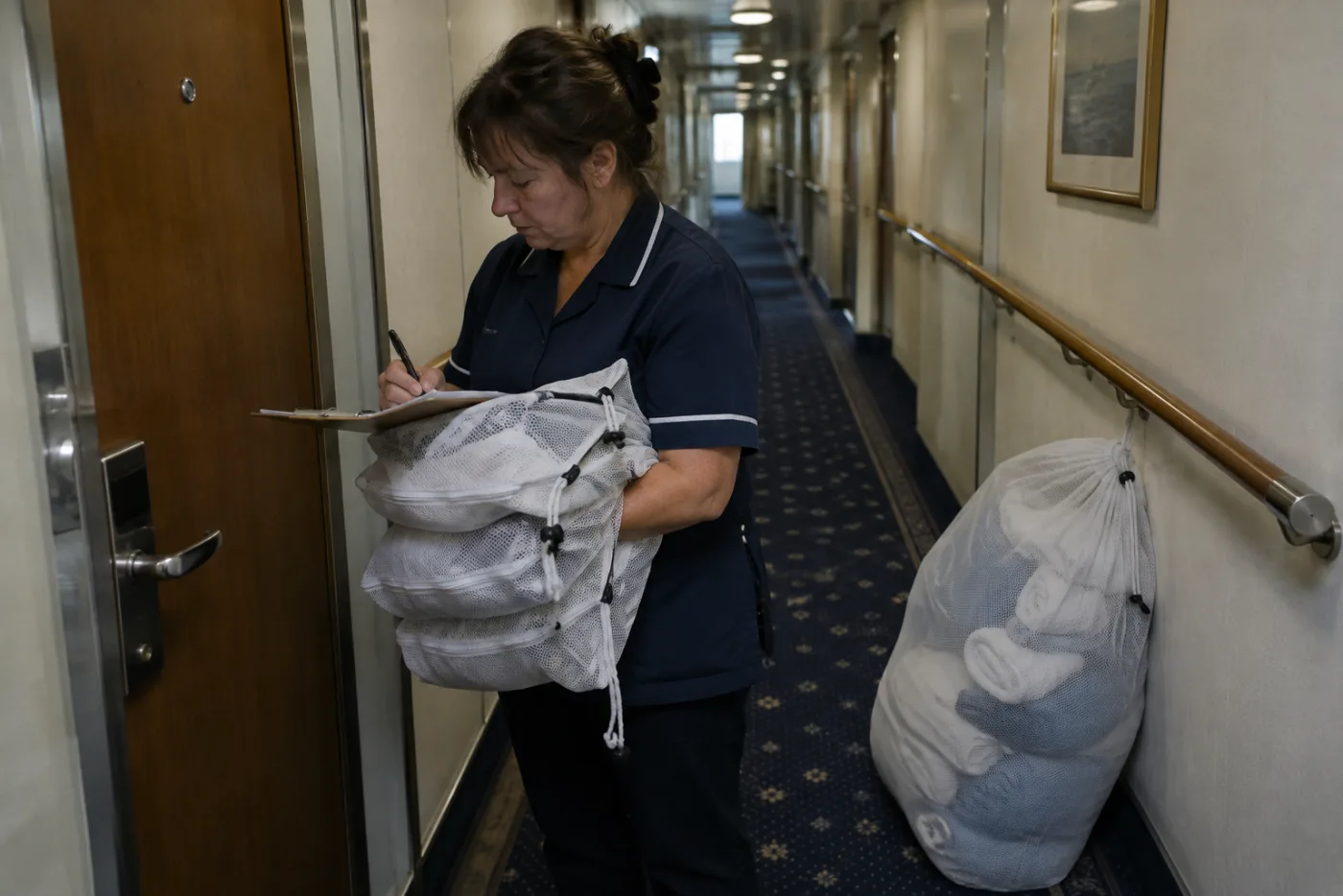 Steward counts mesh laundry bags stacked outside a cabin door.