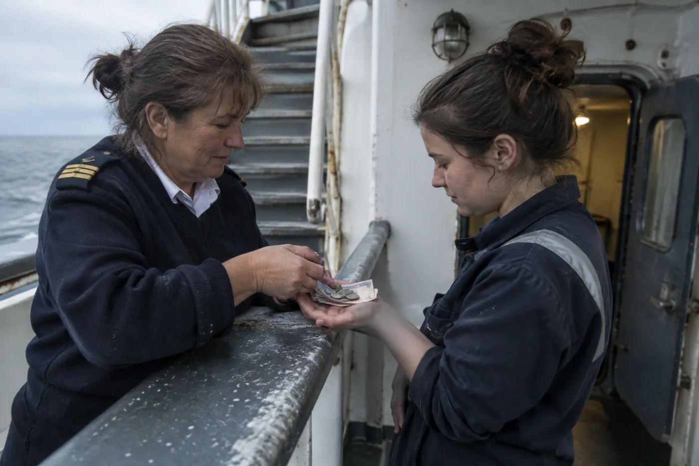 Steward hands folded bills to a younger crew member near a stairwell.