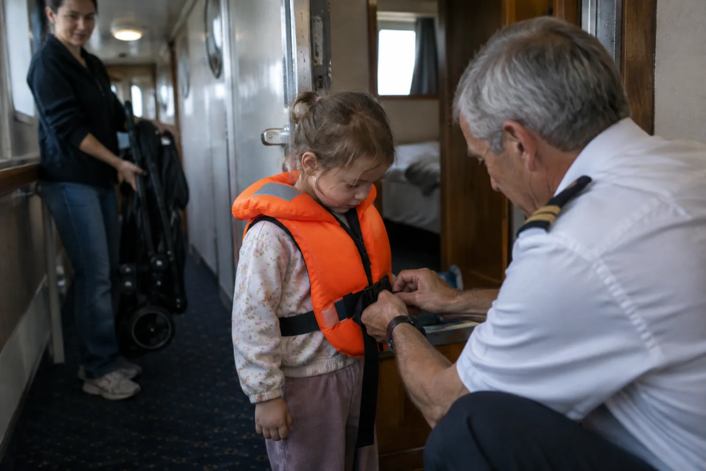 Steward fits a child-size life vest on a young passenger in a doorway.