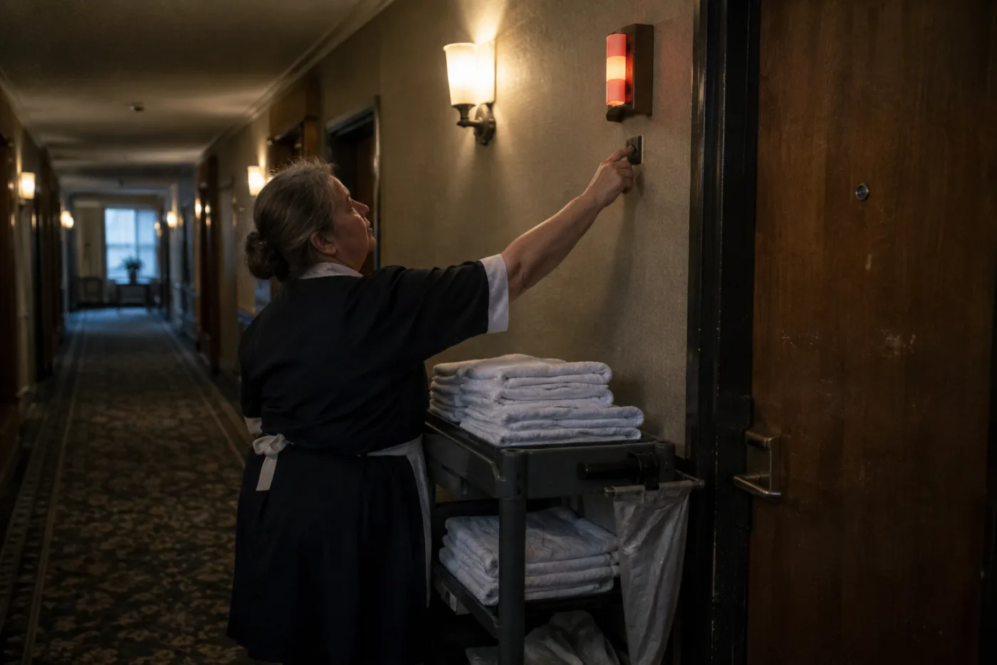 Steward switches off a glowing do-not-disturb light beside a cabin door.