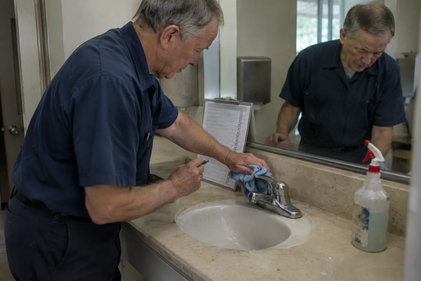Steward wipes a bathroom faucet while checking a laminated sanitation list.