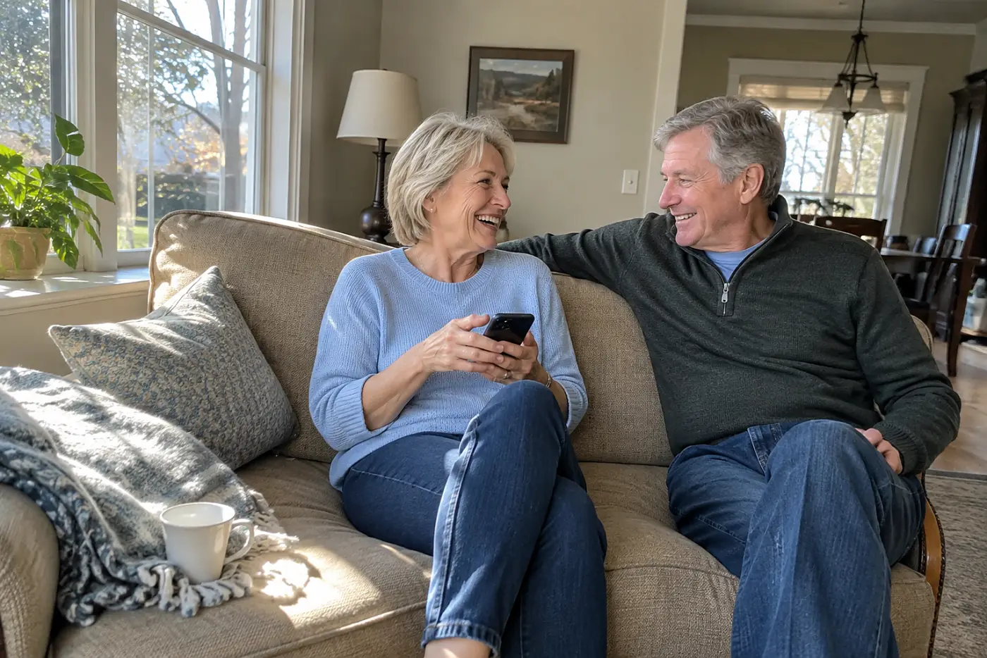 Older woman typing a message to her family group from her living room sofa.