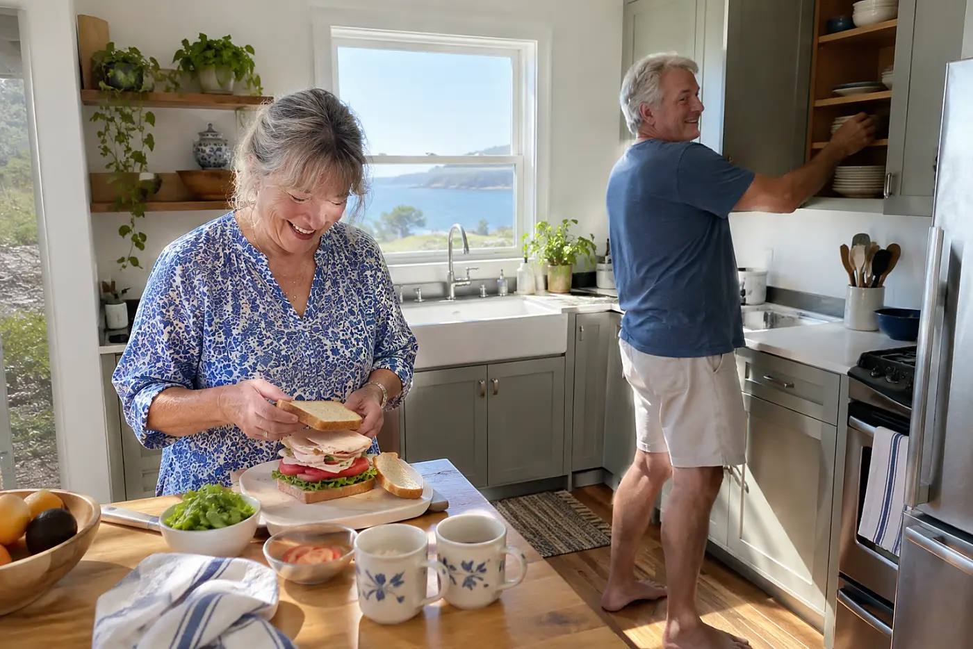 Older woman making herself a sandwich in a vacation rental kitchen.
