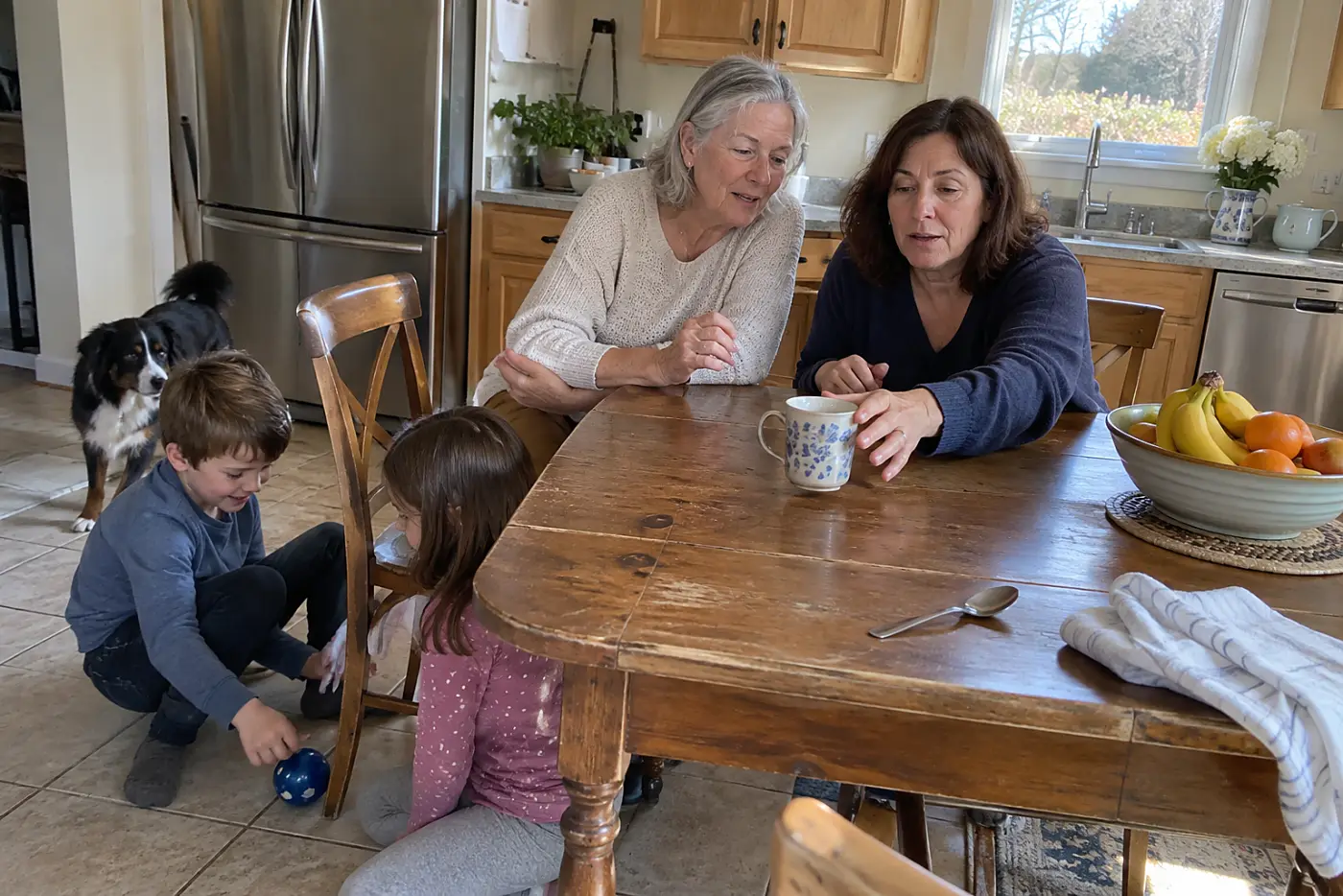 Grandmother talking with her adult daughter at a kitchen table while children play nearby.