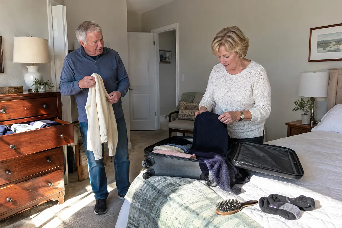 Older woman packing her own suitcase beside an open dresser.