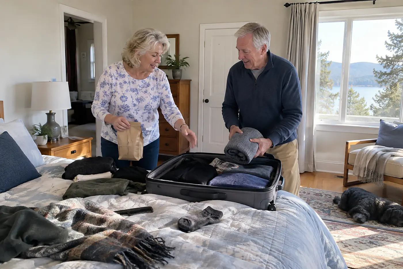 Older woman putting a bag of coffee in a suitcase on her bed.