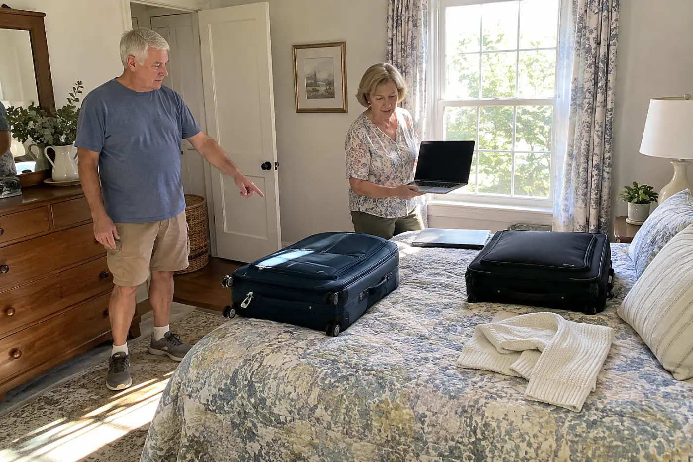 Older woman checking a hotel room listing on her laptop in her bedroom.