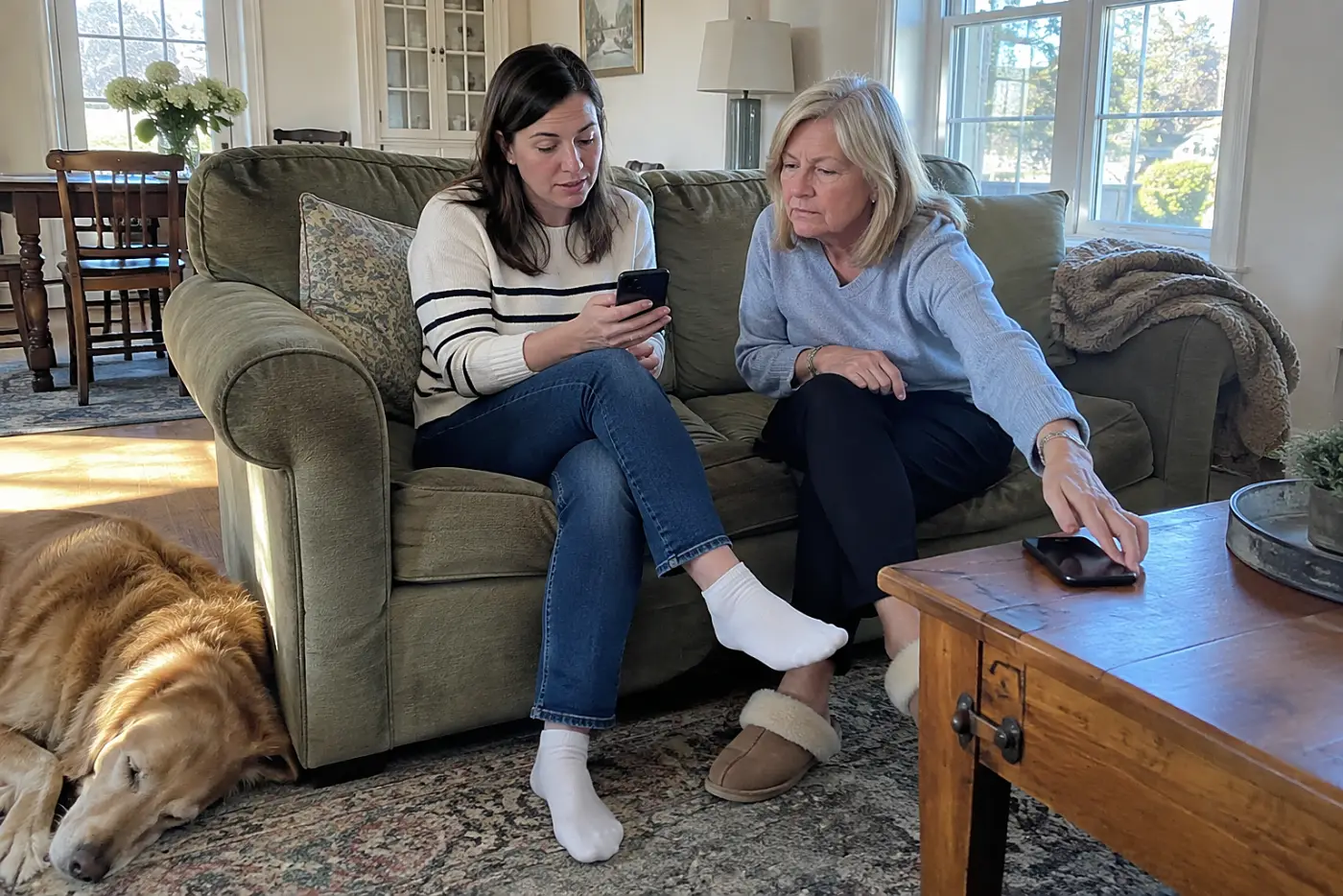 Older woman reading a flight confirmation on her phone while seated on her sofa.