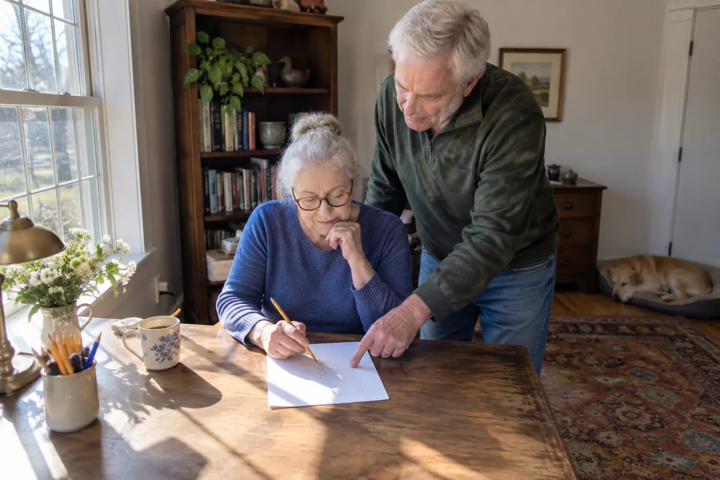 Older woman circling tasks on a handwritten list at her desk.