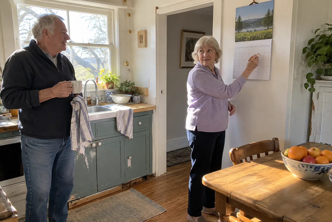 Older woman marking her available dates on a wall calendar in her kitchen.