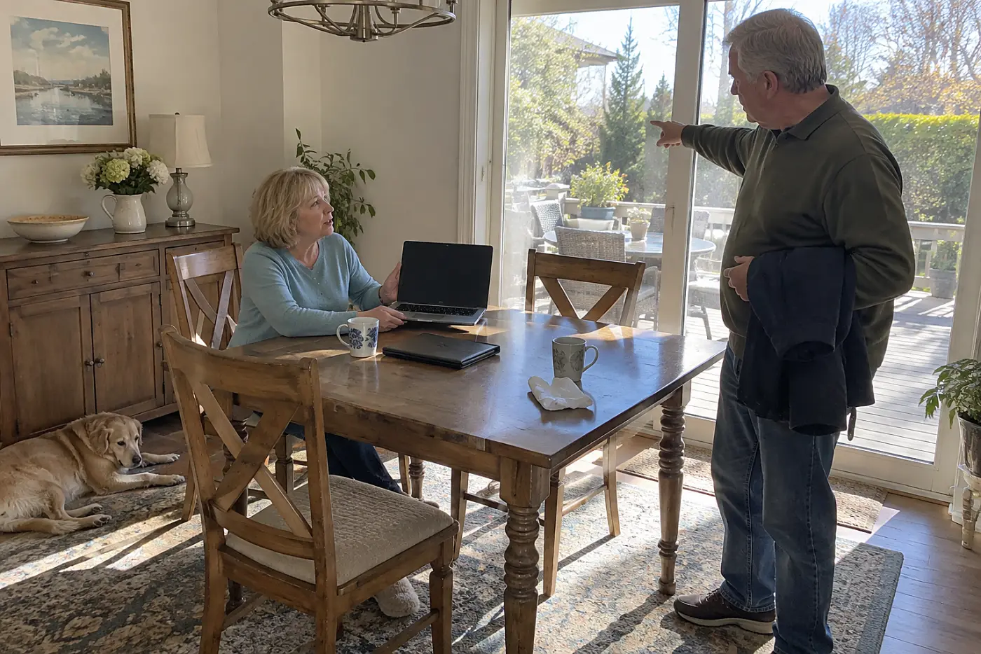 Older woman looking at a map on her laptop at her dining table.