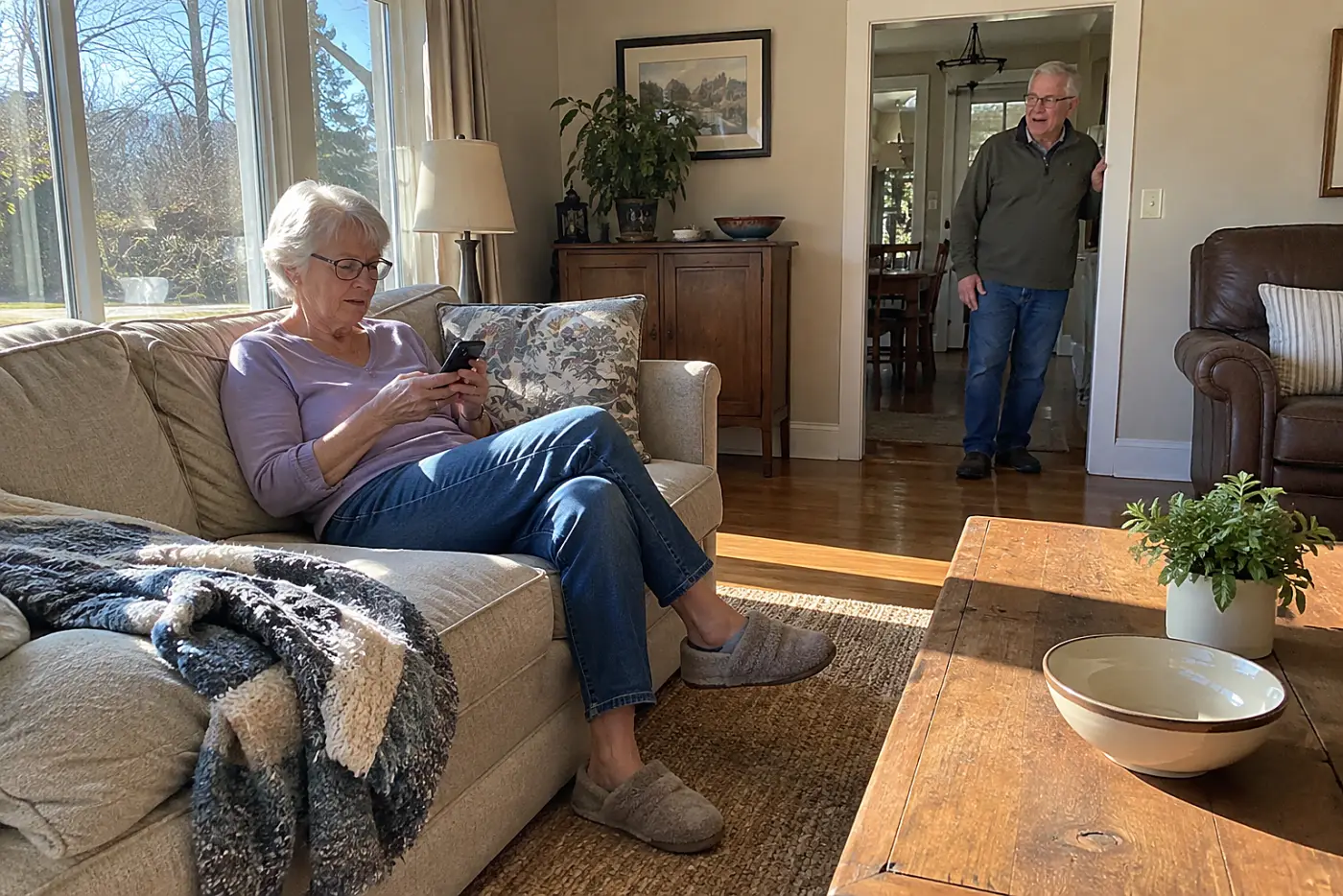 Older woman reading separate family messages on her phone in her living room.