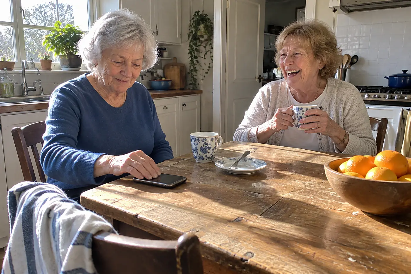 Older woman silencing phone notifications while sitting at her kitchen table.