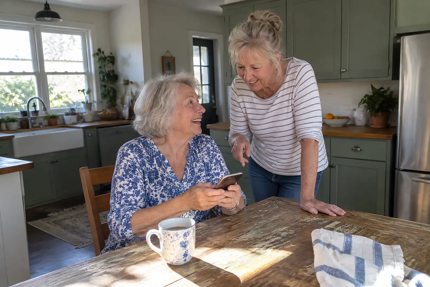 Older woman sending a group message on her phone from her kitchen table.