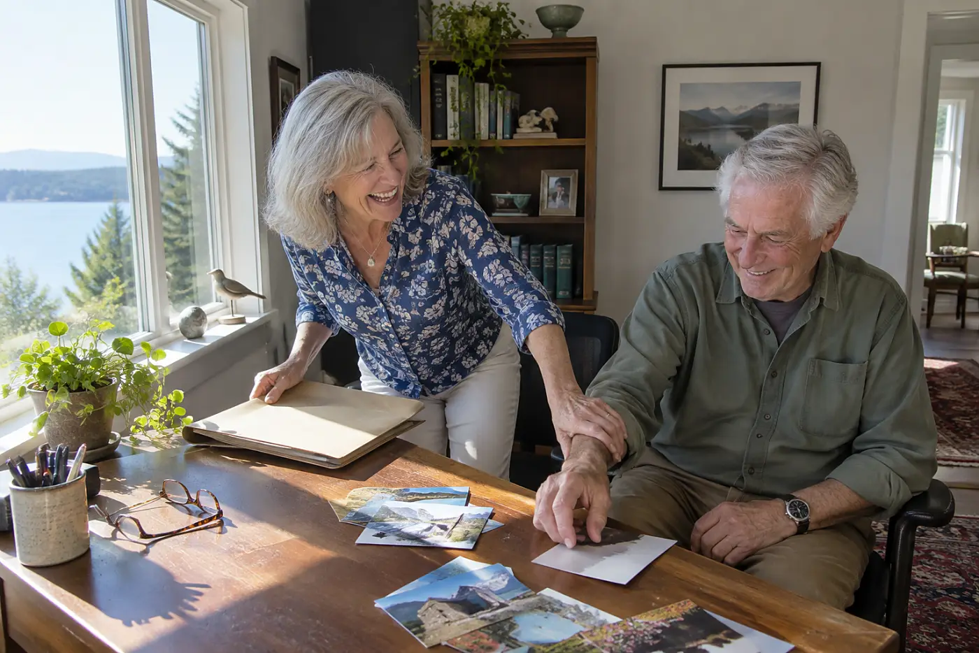 Older woman closing a folder of last year’s trip papers at her desk.