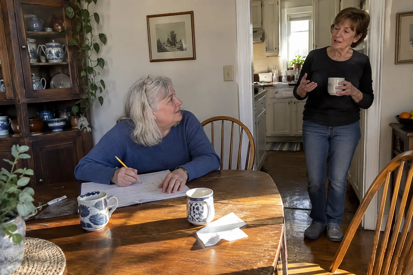 Older woman writing a lunch time in her calendar at her dining table.