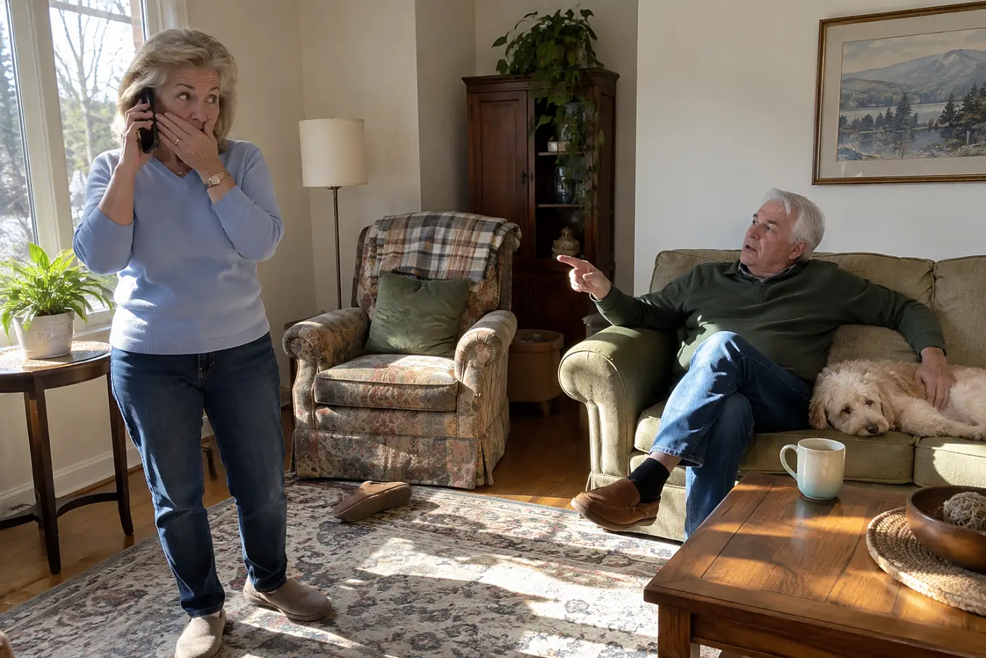 Older woman speaking on her phone while standing by a living room window.