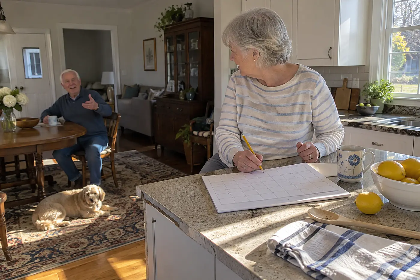 Older woman marking days on a calendar at her kitchen counter.