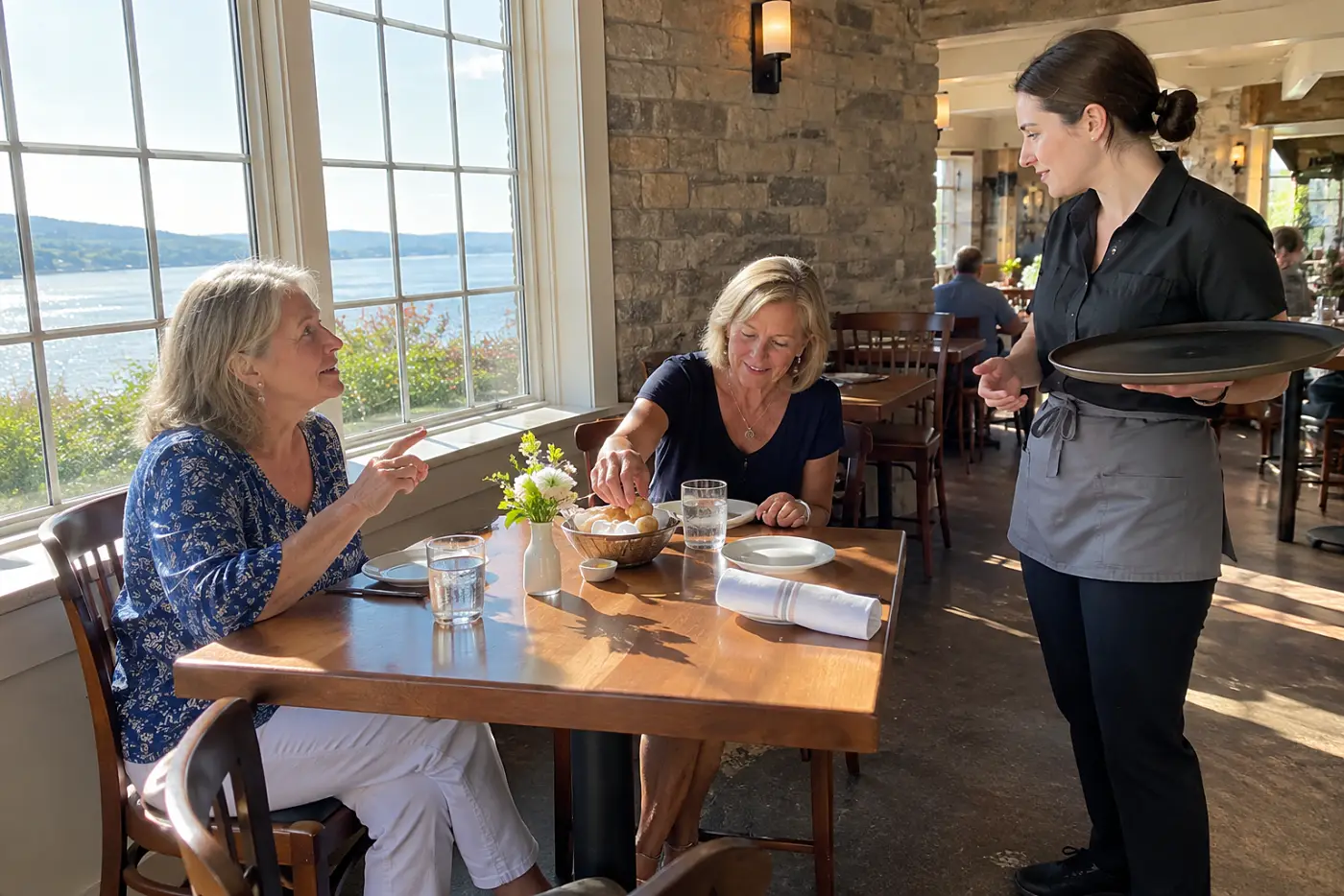 Older woman speaking to a server before ordering at a restaurant table.